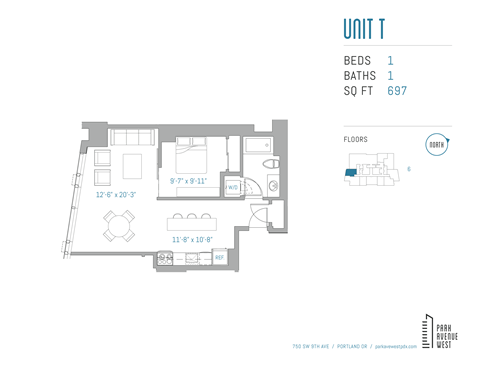 Floor plan for 1 bed, 1 bath, 697 sqft